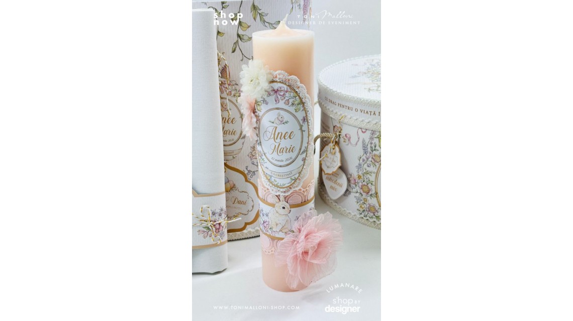 Lumânare Botez Fetiță Belle Époque cu Iepuraș Floral Lumânare Stâlp 30 cm H × 7 cm 1